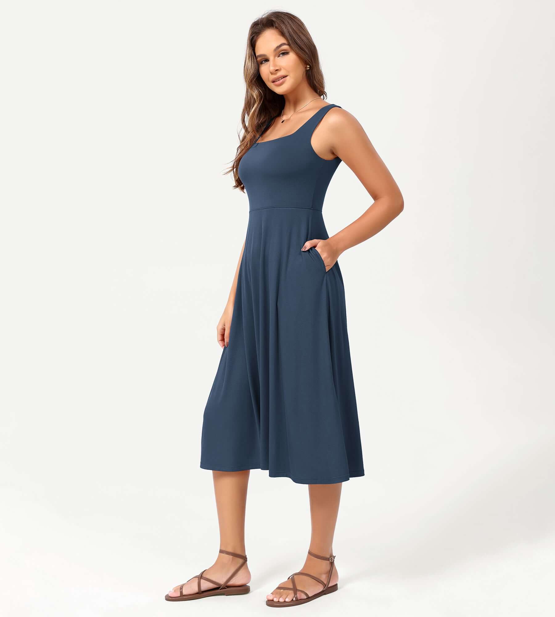 Square Neck Casual Sleeveless Sundress Flare Tank Dress with Pockets - Image 36