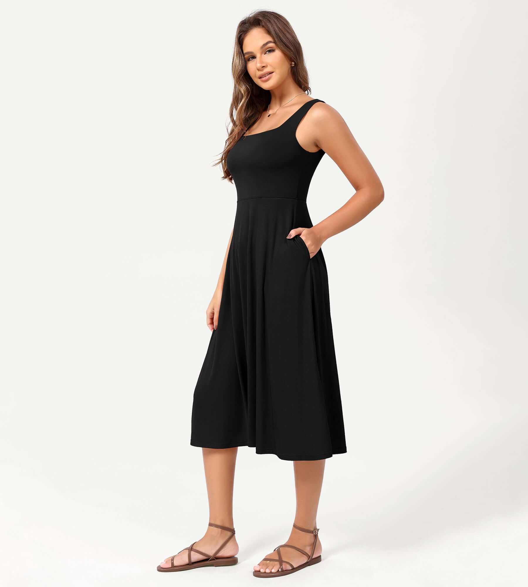 Square Neck Casual Sleeveless Sundress Flare Tank Dress with Pockets - Image 4
