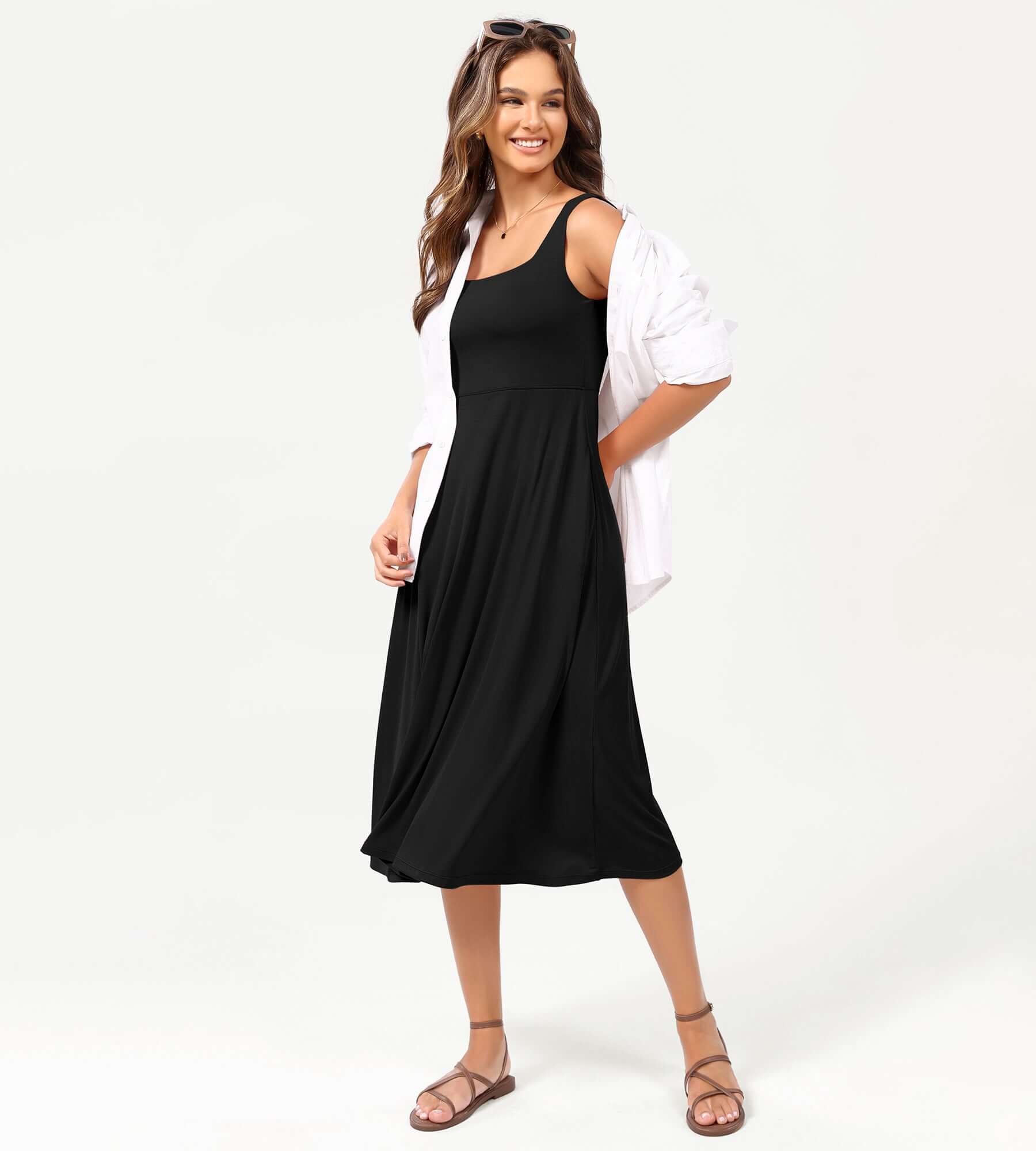 Square Neck Casual Sleeveless Sundress Flare Tank Dress with Pockets - Image 5
