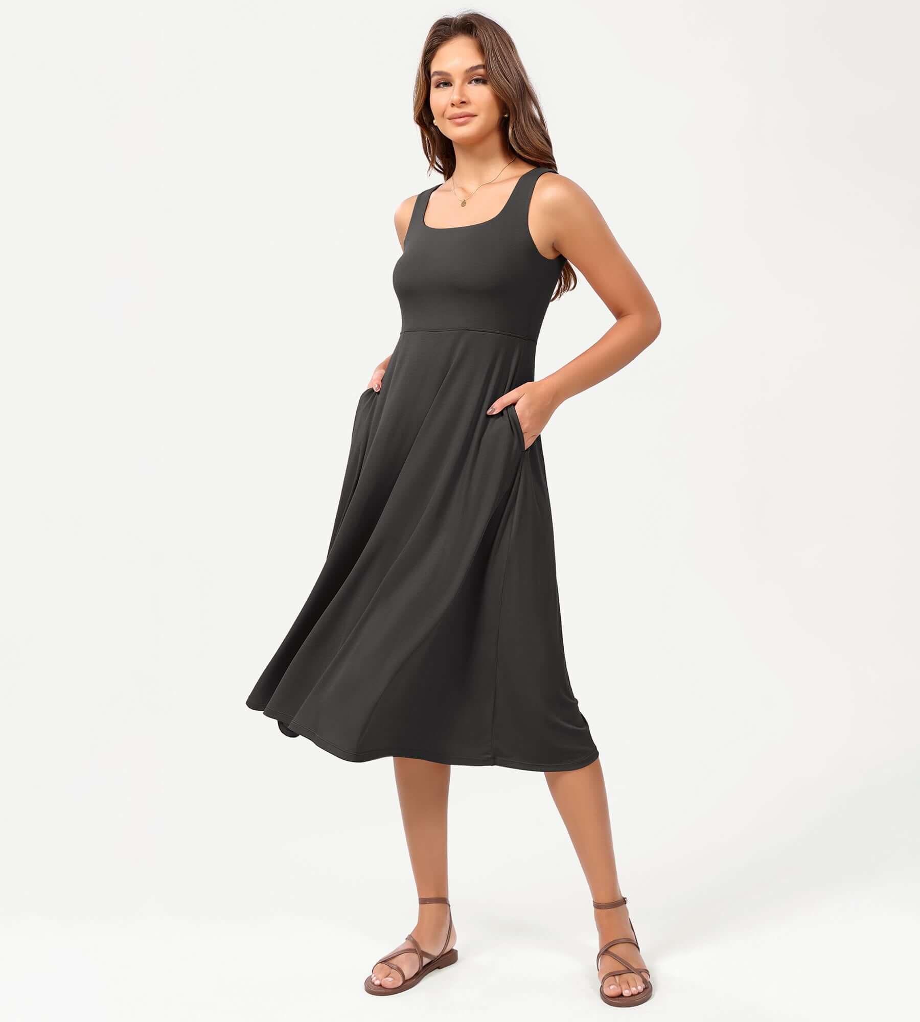 Square Neck Casual Sleeveless Sundress Flare Tank Dress with Pockets - Image 7