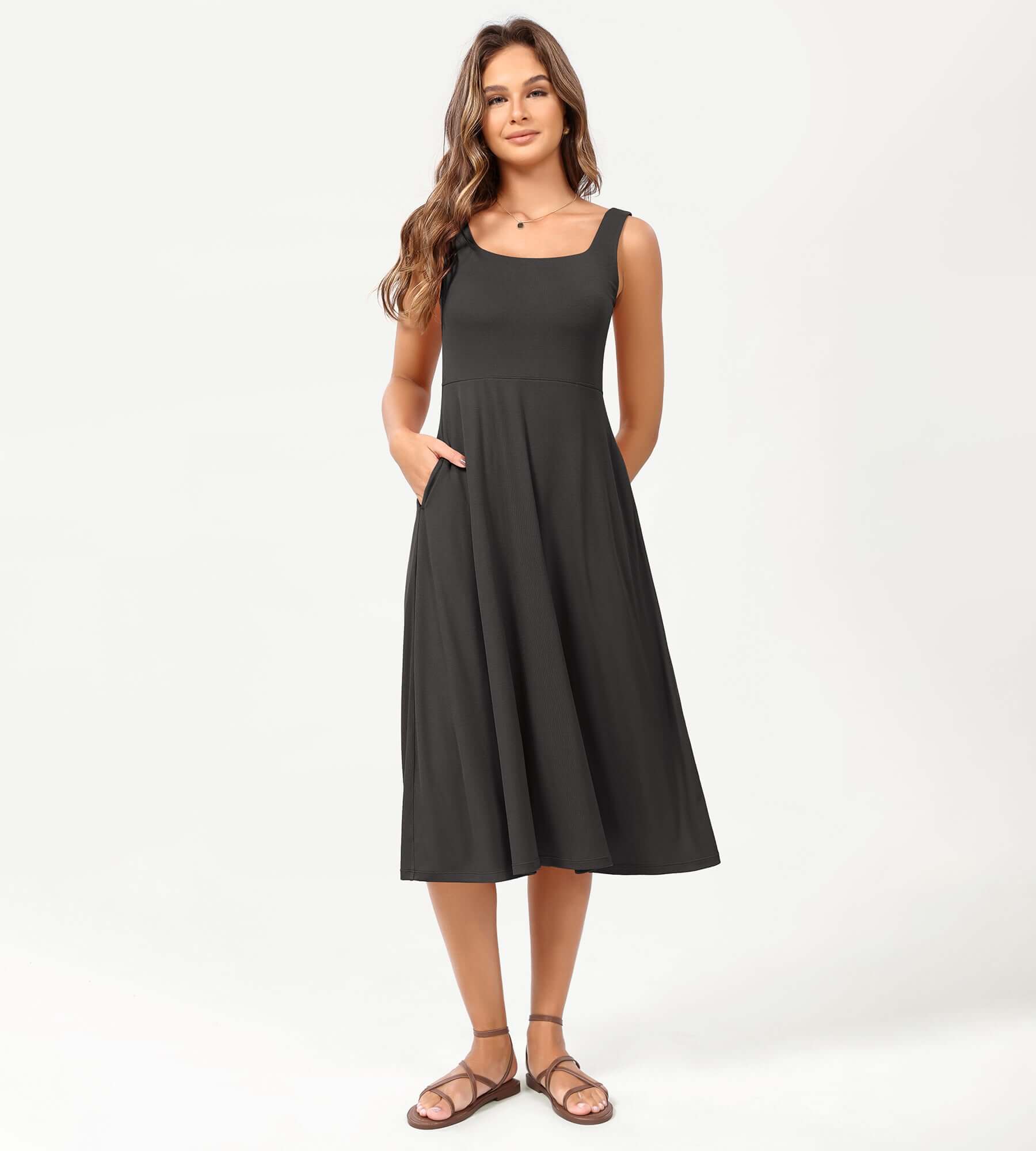 Square Neck Casual Sleeveless Sundress Flare Tank Dress with Pockets - Image 8