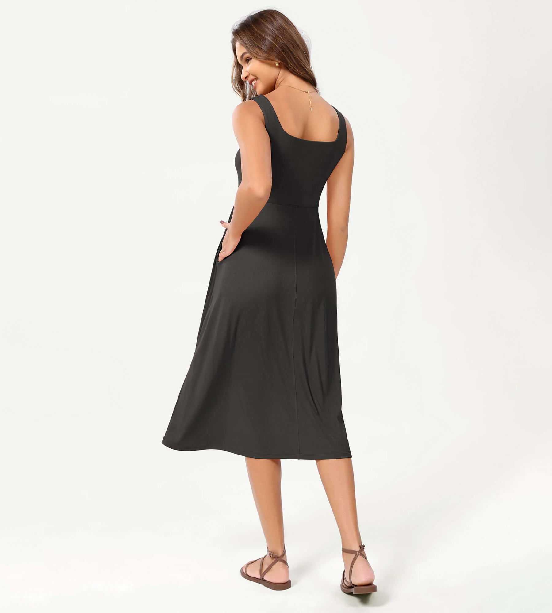 Square Neck Casual Sleeveless Sundress Flare Tank Dress with Pockets - Image 9