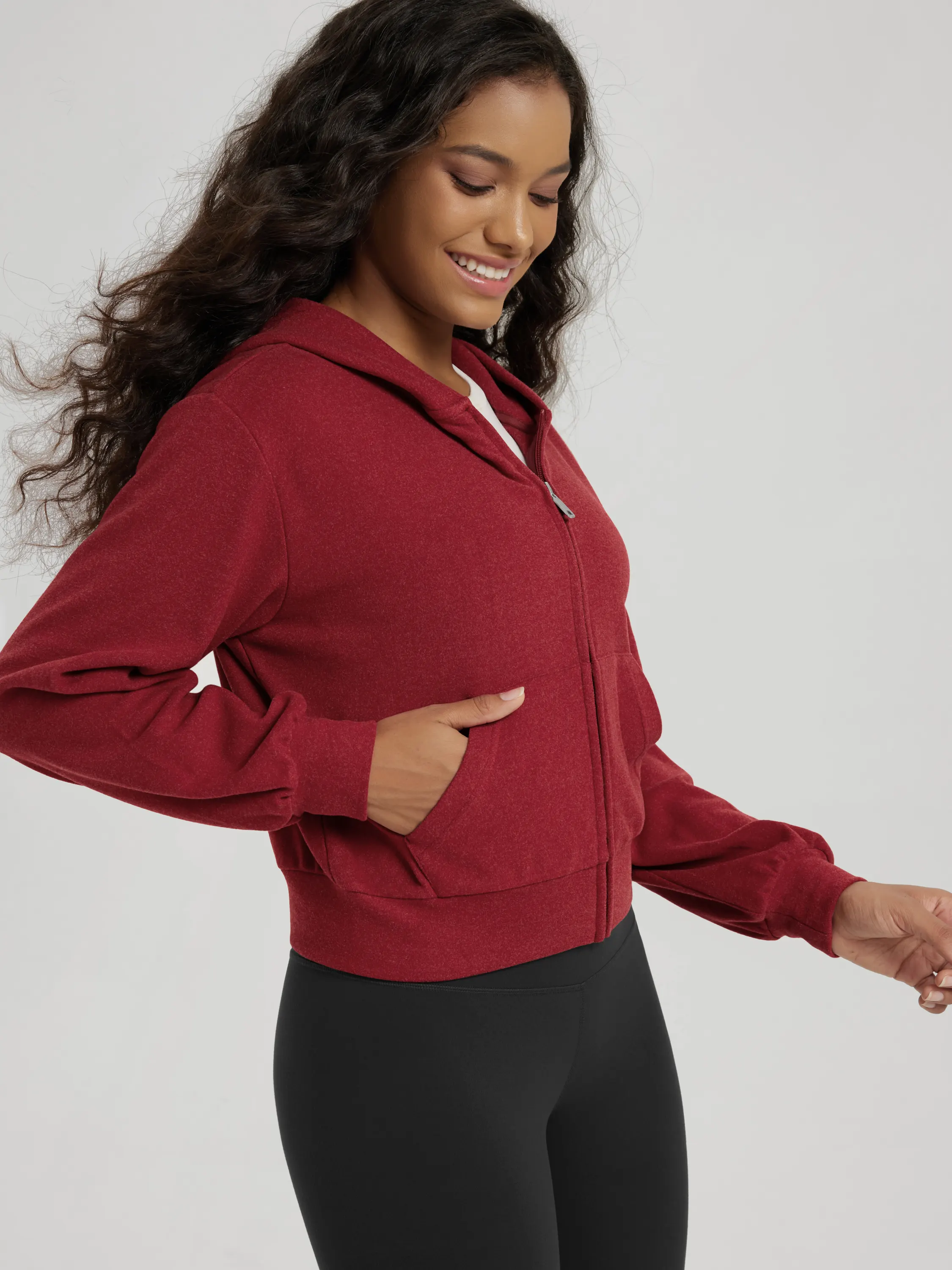 Stretch Fleece Full Zip Cropped Hoodie with Pockets - Image 22