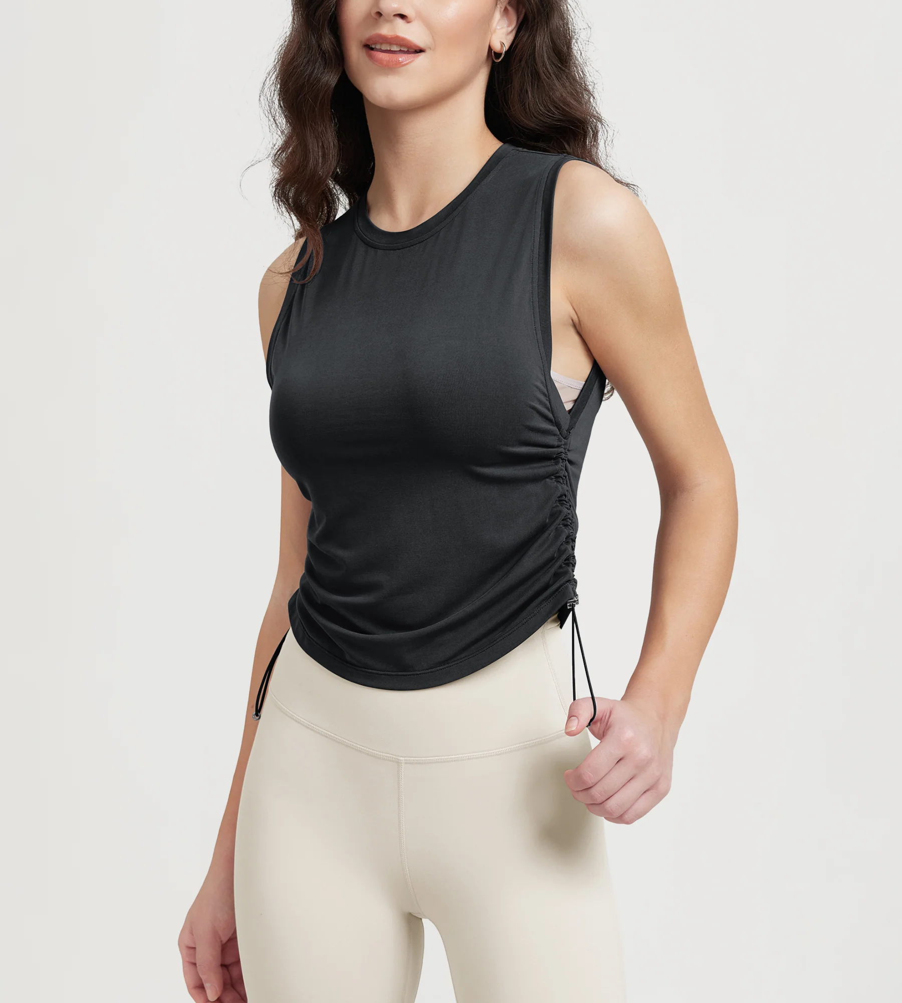 Women's Side Ruched Tee Sleeveless Shirts Crew Neck Tank Tops